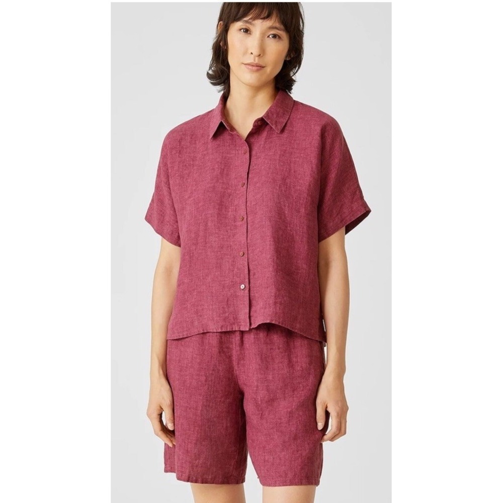 Eileen Fisher Short-Sleeve Button Front Top in Berry